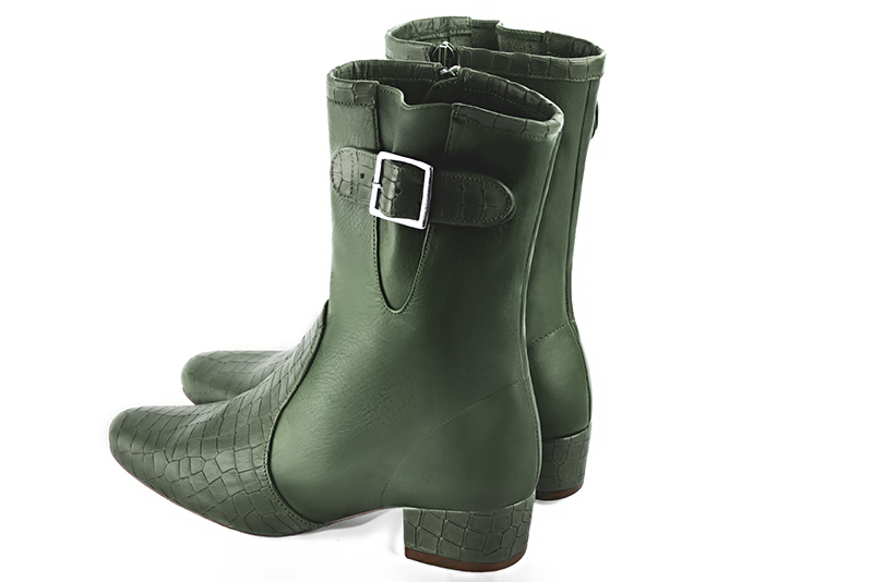 Women's forest green elegant ankle boots, with buckles on the sides. Round toe. Low block heels - Rear view